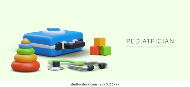 Horizontal poster with medical kit for doctor. Pediatrician concept. 3d realistic medical kit, colorful educational pyramid and cubes and stethoscope. Vector illustration