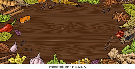 Horizontal poster for menu with garlic, cinnamon, cocoa, vanilla, poppy, pepper, mint, ginger, bay leaf, cardamom. Vector color vintage engraving on wood texture