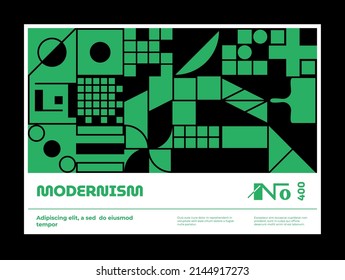 Afiche horizontal con un diseño minimalista al estilo Bauhaus, portada brutal con formas geométricas abstractas