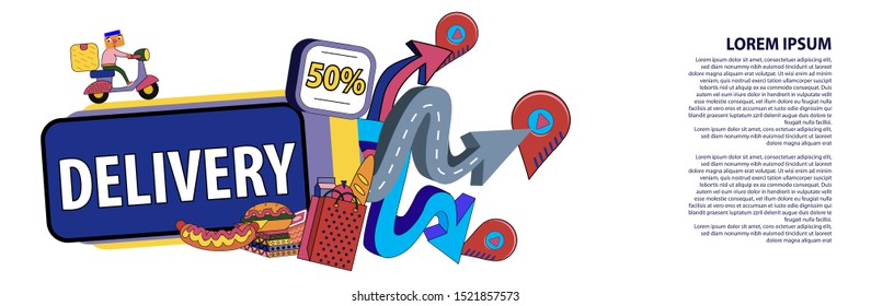 Horizontal poster of modern design for delivery website with cartoon characters. Vector banner