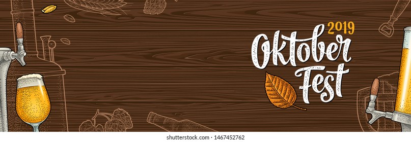 Horizontal Poster to oktoberfest 2019 festival. Beer glass and bottle, tap, hop branch with leaf, ear of barley, tanks from brewery factory. Vintage color vector engraving illustration on wood fond