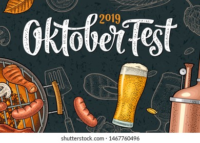 Horizontal poster to oktoberfest 2019 festival. Beer glass, barbecue grill, bottle, tap, sausage, hop branch, ear of barley, tanks brewery factory. Vintage color vector engraving illustration on dark