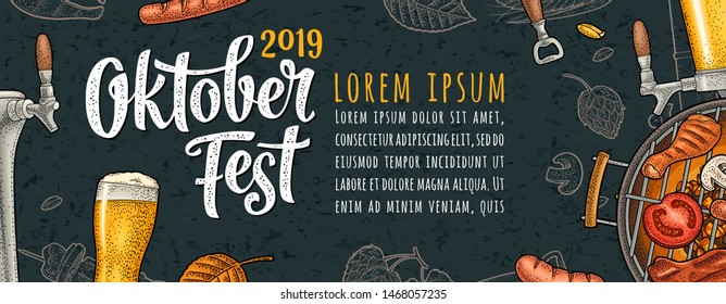 Horizontal poster to oktoberfest 2019 festival. Beer glass, barbecue grill, bottle, tap, sausage, hop branch, ear of barley, tanks brewery factory. Vintage color vector engraving illustration on dark