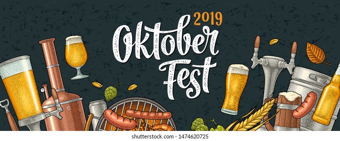 Horizontal Poster to oktoberfest 2019 festival. Beer glass and barbecue grill top view with charcoal and sausage. Vintage color vector engraving illustration on dark background