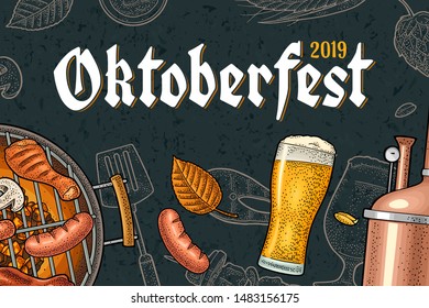 Horizontal poster to oktoberfest 2019 festival. Beer glass, barbecue grill, bottle, sausage, hop branch, ear of barley, tanks brewery factory. Vintage color vector engraving illustration on dark