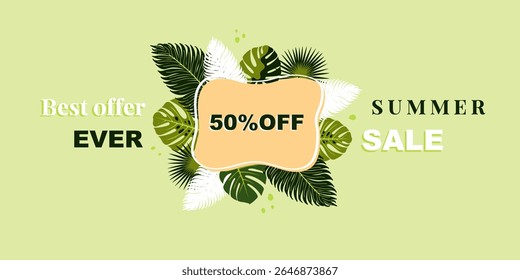 Horizontal poster on the theme of summer sale. Tropical leaves in a circle and a frame for text. Sale up to 50% discount