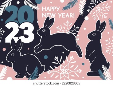 Horizontal poster with rabbits and the inscription Happy New Year 2023. Vector trendy modern flat illustration.