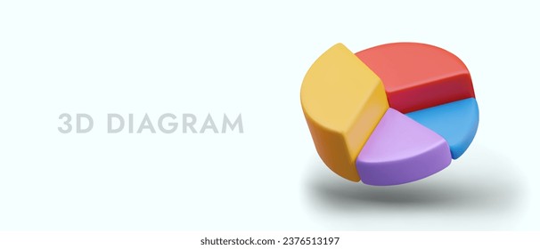 Horizontal poster with realistic pie diagram in blue, yellow and red colors. Chart for business strategy and finance. Concept of sales. Vector illustration in 3d style