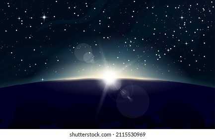 Horizontal poster of rising Sun above the Earth and stars in background. View from space, with glowing on horizon, lens flare. Space and dark night planet. Beginning of new day. Sun rays and glow.