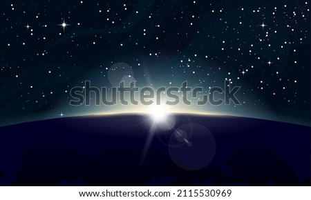 Horizontal poster of rising Sun above the Earth and stars in background. View from space, with glowing on horizon, lens flare. Space and dark night planet. Beginning of new day. Sun rays and glow.