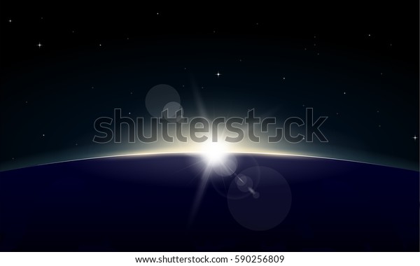 Horizontal
poster of rising Sun on Earth. View from space, with glowing on
horizon and lens flare. Black space and dark night planet.
Beginning of new day. Sun rays and
glow.