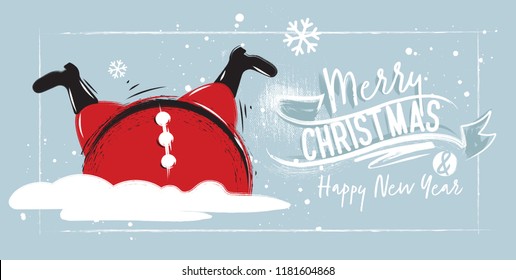 Horizontal poster Santa Claus Stuck in a pile of snow. Christmas card with Lettering