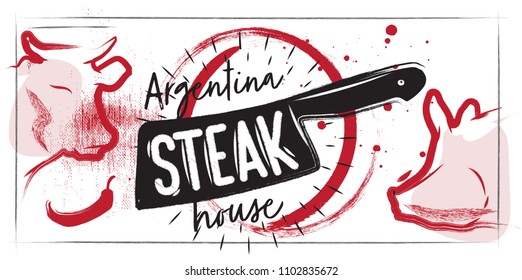 Horizontal poster with the silhouette of the head of a cow and a pig. A sign for a steak house or restaurant. Ax and Lettering