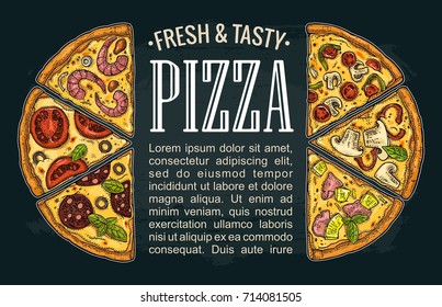 Horizontal poster with slice pizza Pepperoni, Hawaiian, Margherita, Mexican, Seafood, Capricciosa. Vintage vector colorful engraving illustration. For menu, box. Isolated on dark background