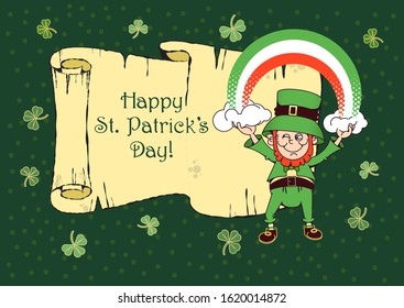 Horizontal poster with St. Patrick's Day. Text on a background of an old scroll. Use the format for cards, invitations, labels, tags, banners. Design in a flat style.
