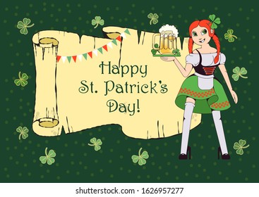 Horizontal poster with St. Patrick's Day. Text on a background of an old scroll. Use the format for cards, invitations, labels, tags, banners. Design in a flat style.