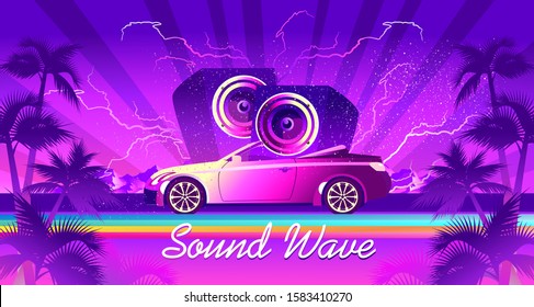 horizontal poster, in the style of vaporwave Synthwave retrowave, retro 80s, car with huge speakers and sound waves