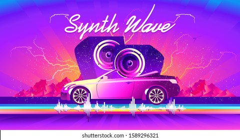 horizontal poster, in the style of vaporwave Synthwave retrowave, retro 80s, car with huge speakers and sound waves