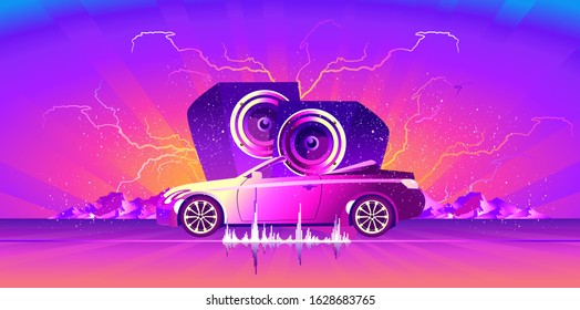 horizontal poster, in the style of vaporwave Synthwave retrowave, retro 80s, car with huge speakers and sound waves