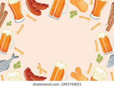 Horizontal Plantilla de póster con diferentes copas de cerveza con diferentes aperitivos y comida, Ilustración vectorial