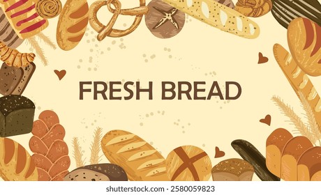 Horizontal poster template with frame made of delicious breads, delicious baked products and sweet pastry, Fresh bread phrase. Vector illustration for bakery promotion, advertising.