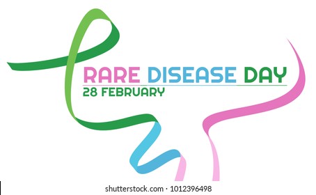 Horizontal poster. Three-color ribbon for the world rare disease day on 28 of February. On a white background