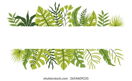 Horizontal poster with tropical leaf border in flat cartoon style. Bright summer frame with jungle greenery, perfect for invitations, cards, banners, and exotic-themed projects.