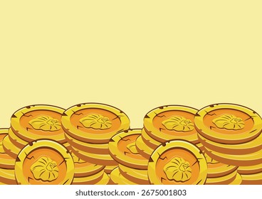 horizontal poster with vector yellow coins with autumn design with deformed pumpkins presented separately on yellow background