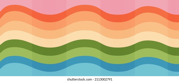 Horizontal poster with a wavy rainbow in the cartoon trend style of the 70s. Vector illustration