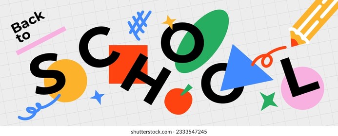 Horizontal poster or web banner in trendy doodle style with geometric shapes, bold design elements and modern typography. Back to school, college, education, study concept. Template for ads, branding