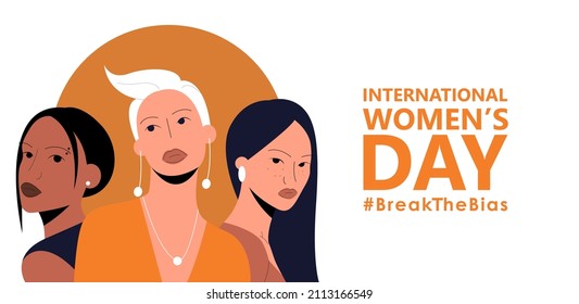Horizontal poster with women of different ethnicities and cultures stand side by side together. International women’s day. 8th march. Break The Bias campaign. Illustration for banner, social networks.