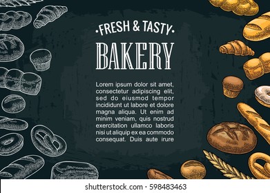 Horizontal posters with bread on the dark background. Vector color and white hand drawn vintage engraving illustration for poster, label and menu bakery shop.