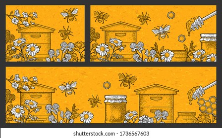 Horizontal posters honey on craft texture paper. Jars, bee, hive, spoon, honeycomb, clover, camomile, cherry branch and honeycomb. Vector vintage color engraving illustration