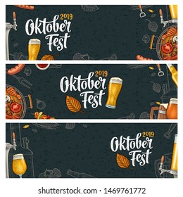 Horizontal posters to oktoberfest 2019 festival. Beer glass, barbecue grill, bottle, tap, sausage, hop branch, ear of barley, tanks brewery factory. Vintage color vector engraving illustration on dark