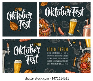 Horizontal posters to oktoberfest 2019 festival. Beer glass, barbecue grill, bottle, tap, sausage, hop branch, ear of barley, tanks brewery factory. Vintage color vector engraving illustration on dark