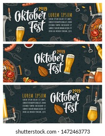 Horizontal posters to oktoberfest 2019 festival. Beer glass, barbecue grill, bottle, tap, sausage, hop branch, ear of barley, tanks brewery factory. Vintage color vector engraving illustration on dark