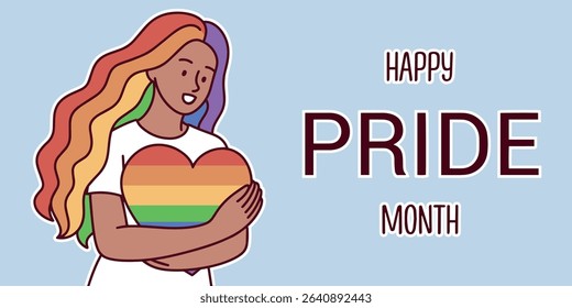 Horizontal pride month banner with woman hugging rainbow heart, colorful flat style celebrating love and equality