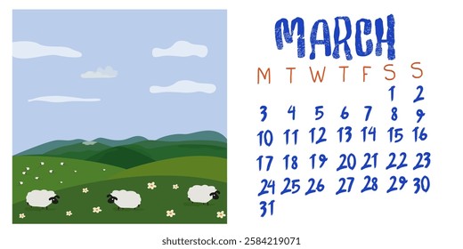 Horizontal printable vector calendar March 2025. Handwritten inscription of the month. Green alpine mountains. Flat cartoon landscape with nature and sheep