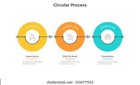 Horizontal process chart with 3 round elements connected by arrows. Concept of three steps to business success. Minimal infographic design template. Modern vector illustration for presentation.