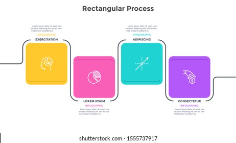 Horizontal Process Chart With 4 Colorful Square Elements. Concept Of Four Steps Of Business Development. Minimal Infographic Design Template. Modern Vector Illustration For Project Completion Bar.