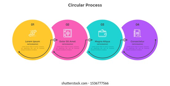 Horizontal process chart with 4 overlaid circular elements connected by arrows. Concept of four stages of business project development. Minimal infographic design template. Flat vector illustration.