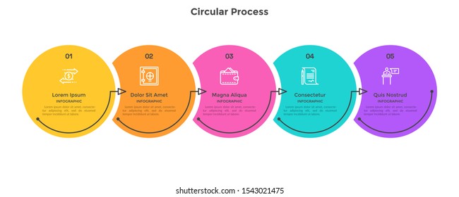 Horizontal process chart with 5 overlaid circular elements connected by arrows. Concept of five stages of business project development. Minimal infographic design template. Flat vector illustration.