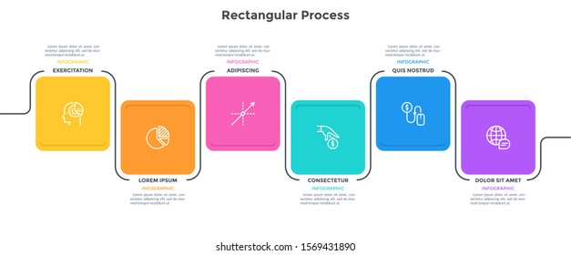 Horizontal process chart with 6 colorful square elements. Concept of six steps of business development. Minimal infographic design template. Modern vector illustration for project completion bar.