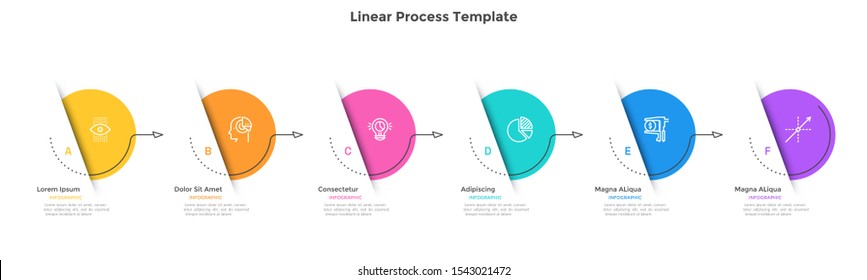 Horizontal process chart with 6 overlaid circular elements connected by arrows. Concept of six stages of business project development. Minimal infographic design template. Flat vector illustration.