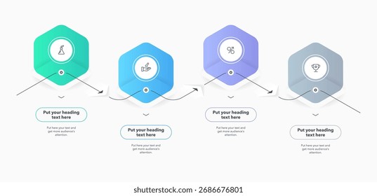 Horizontal process flow diagram with four colorful steps and a place for your text. Simple infographic design with icons and curved thin line for workflow layout, banner or web design.