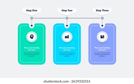 Horizontal process flow diagram with three steps. Flat presentation template with minimalistic icons for data visualization.