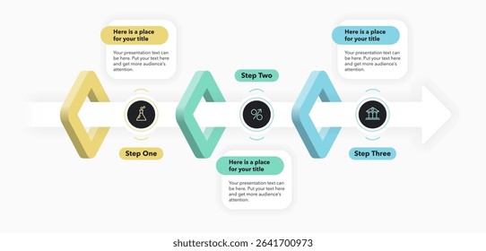Horizontal process flow diagram with three steps. Flat presentation template with an arrow and minimalistic icons for data visualization.