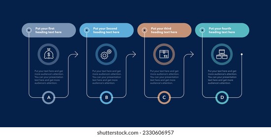 Plantilla de infografía de procesos horizontales con cuatro opciones - versión oscura. Diagrama plano de presentación con líneas delgadas e iconos minimalistas.