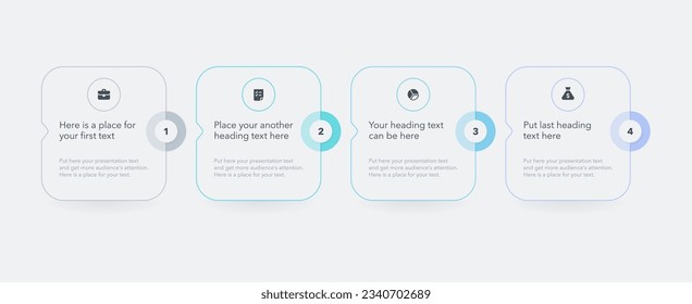 Plantilla de infografía de procesos horizontales con cuatro opciones. Diagrama plano de presentación con líneas delgadas e iconos minimalistas.