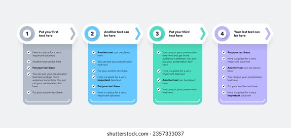 Horizontal process infographic template with four colorful options. Presentation diagram with arrows and numbers.